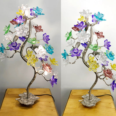Lampe de table à 4 lumières avec abat-jour en fleur de cristal créatif contemporain, feuille d'érable, base en cuivre pour maison et bureau 