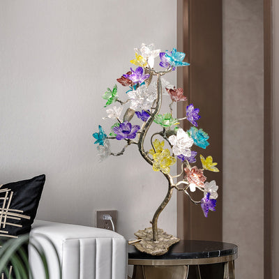 Lampe de table à 4 lumières avec abat-jour en fleur de cristal créatif contemporain, feuille d'érable, base en cuivre pour maison et bureau 