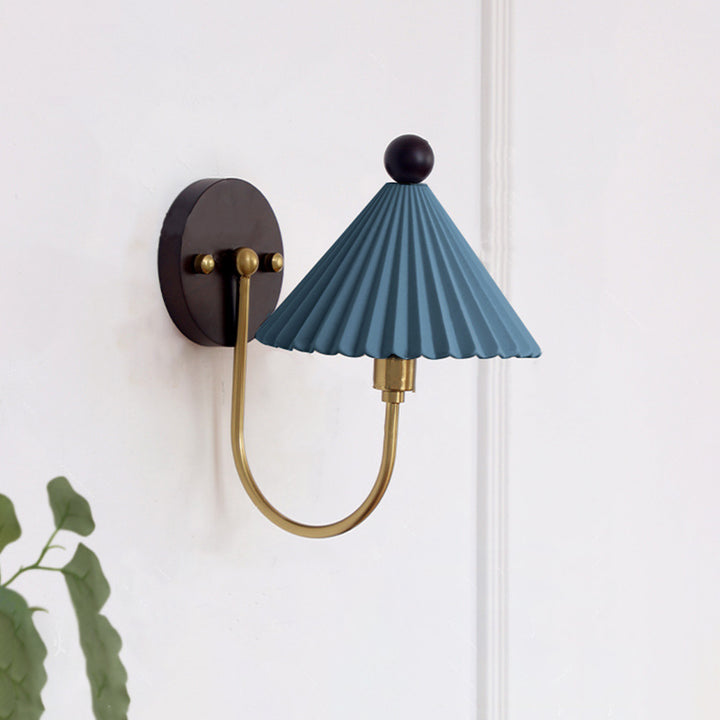 Contemporary Scandinavian Pleated Ceramic Conical Shade Solid Wood 1-Light Wall Sconce Lamp For Living Room