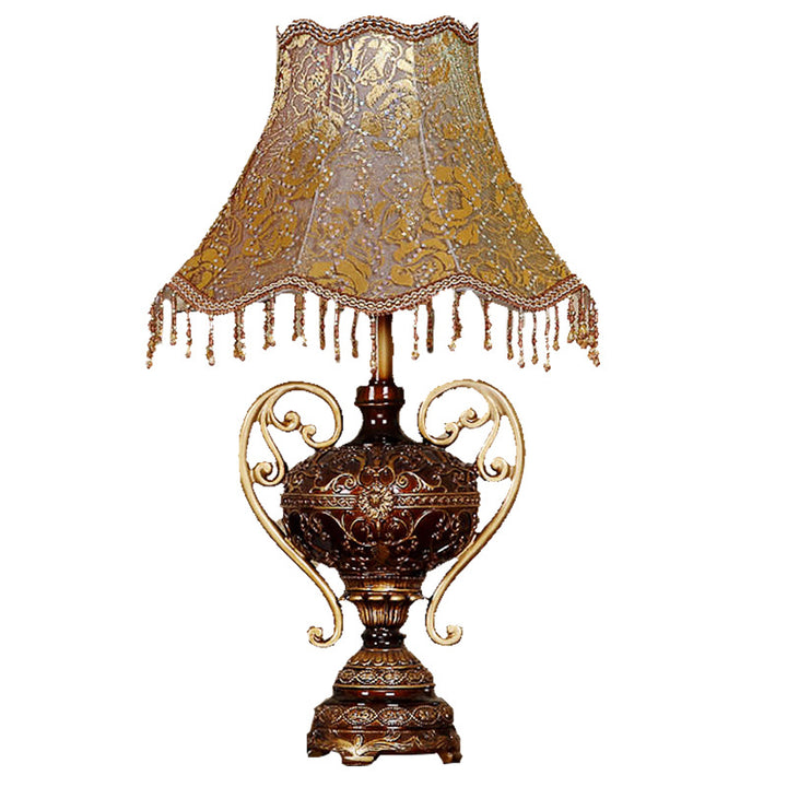 Lampe de table 1 lumière avec abat-jour en dentelle de palais européen traditionnel, base en résine sculptée et frange pour étude 