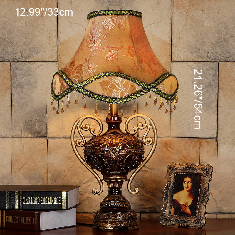 Lampe de table 1 lumière avec abat-jour en dentelle de palais européen traditionnel, base en résine sculptée et frange pour étude 