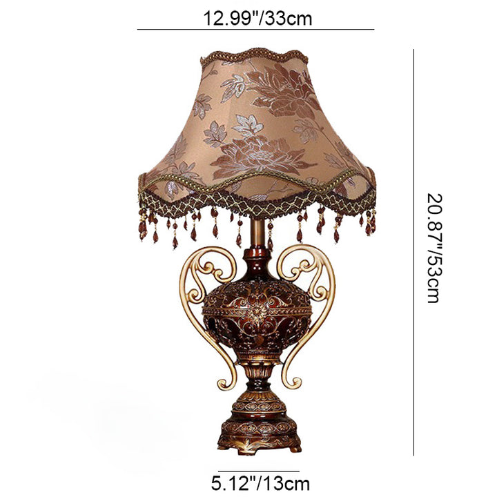 Lampe de table 1 lumière avec abat-jour en dentelle de palais européen traditionnel, base en résine sculptée et frange pour étude 