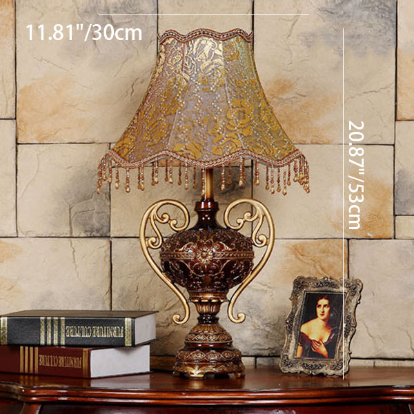 Lampe de table 1 lumière avec abat-jour en dentelle de palais européen traditionnel, base en résine sculptée et frange pour étude 