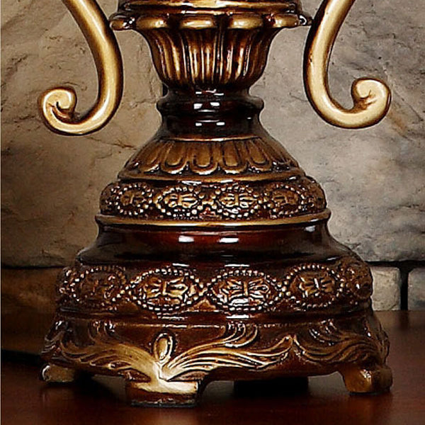 Lampe de table 1 lumière avec abat-jour en dentelle de palais européen traditionnel, base en résine sculptée et frange pour étude 