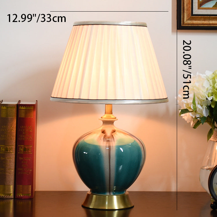 Traditional Chinese Pleated Fabric Shade Ceramic Vase Base 1-Light Table Lamp For Study