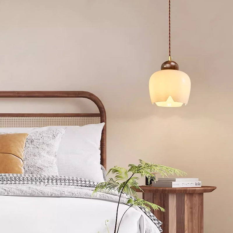Abat-jour en verre géométrique nordique contemporain rond en bois de noyer 1 lumière pour chambre à coucher 