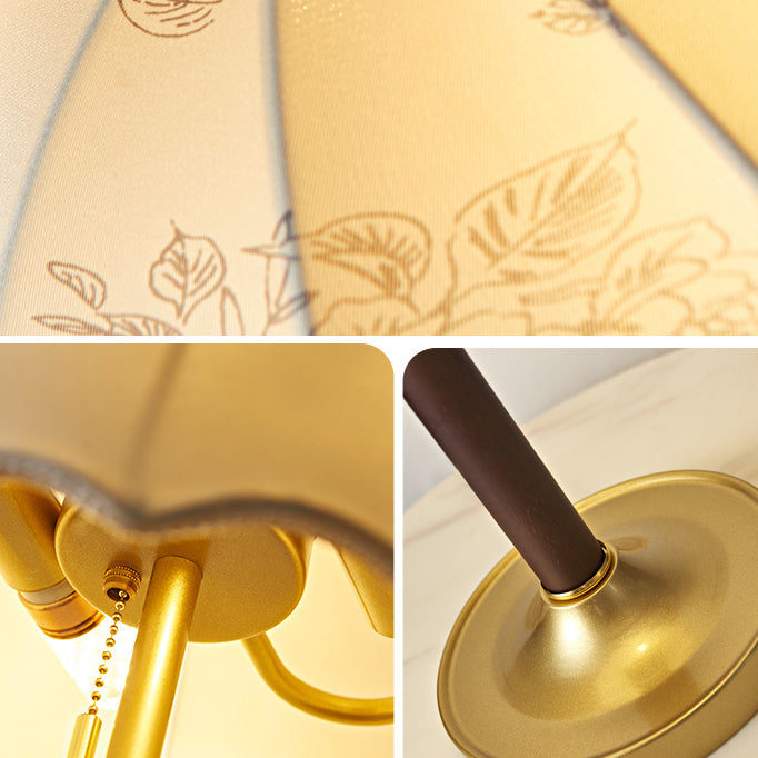 Traditional Vintage Flower Pattern Fabric Shade Wood Iron Rod 2-Light Table Lamp For Study