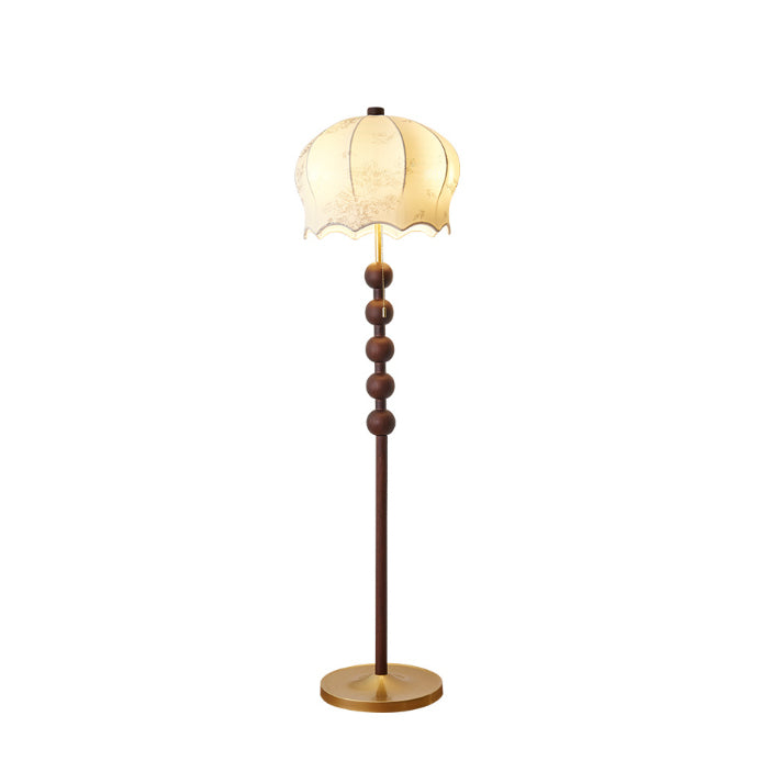 Traditionelle Vintage-Blumenmuster-Stoffschirm Holz Eisenstange 3-Licht Stehende Stehlampe für das Studium 