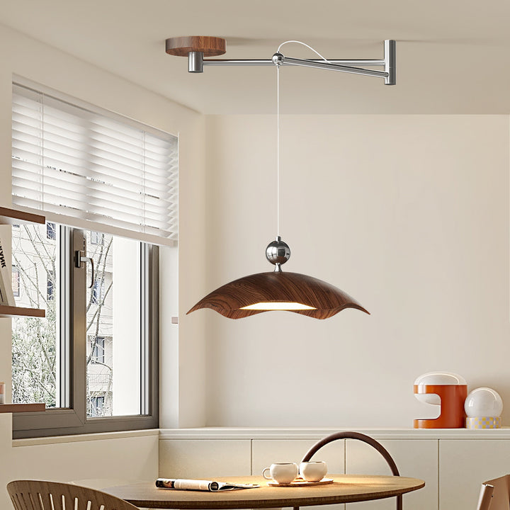 Suspension LED à bras oscillant rond imitation bois grain de fer nordique contemporain pour salon 