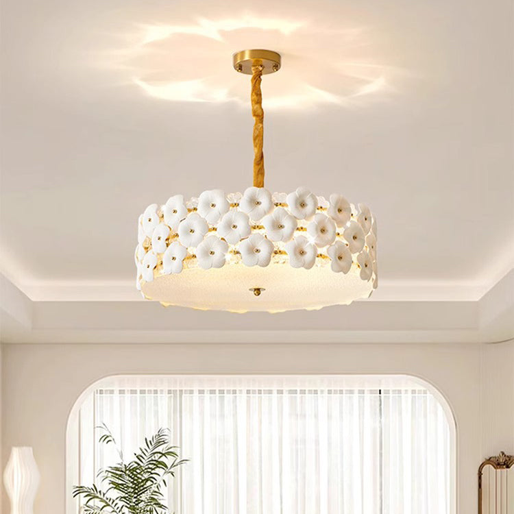 Traditioneller französischer Petal Keramik Glas Zylinder 6-Licht Kronleuchter für das Wohnzimmer 