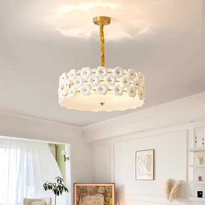 Traditioneller französischer Petal Keramik Glas Zylinder 6-Licht Kronleuchter für das Wohnzimmer 