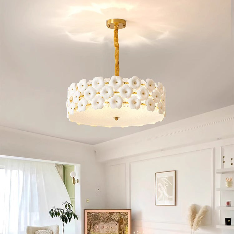 Traditioneller französischer Petal Keramik Glas Zylinder 6-Licht Kronleuchter für das Wohnzimmer 