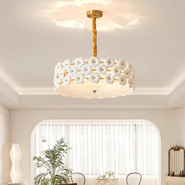 Traditioneller französischer Petal Keramik Glas Zylinder 6-Licht Kronleuchter für das Wohnzimmer 
