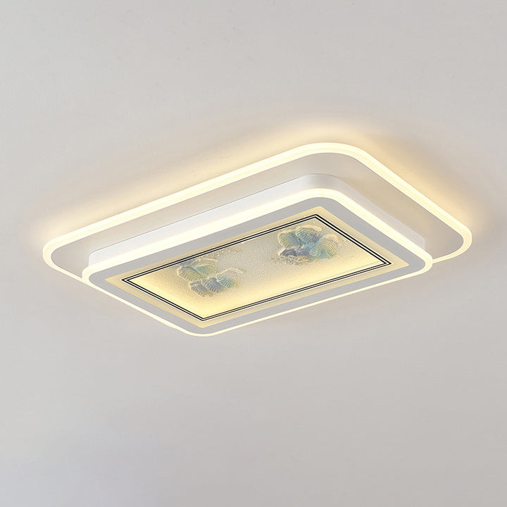 Traditional Chinese Handmade Floral Pattern Iron Acrylic Rectangle LED Flush Mount Ceiling Light For Living Room