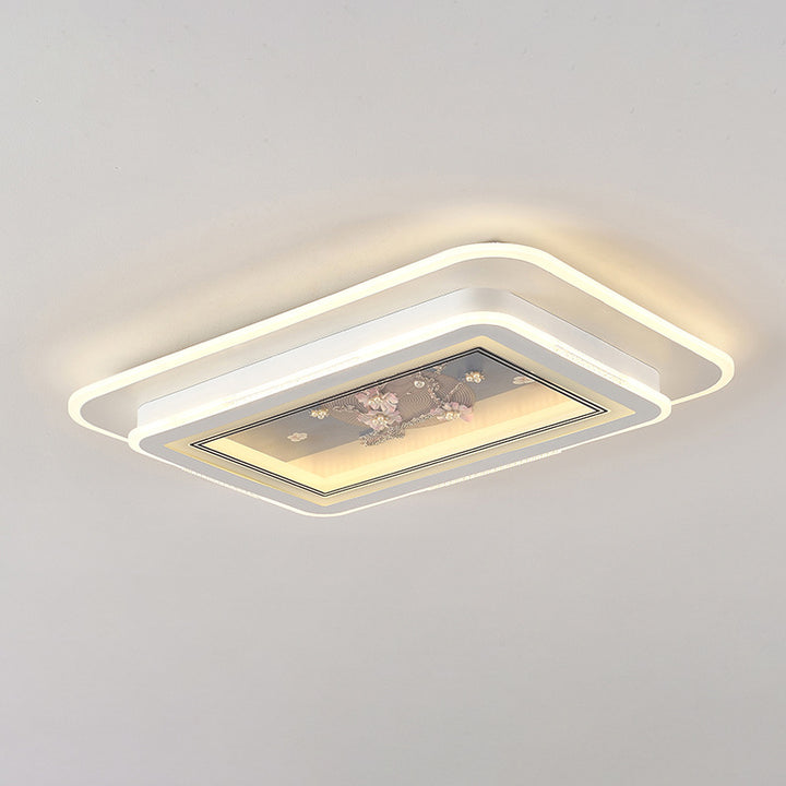 Traditional Chinese Handmade Floral Pattern Iron Acrylic Rectangle LED Flush Mount Ceiling Light For Living Room