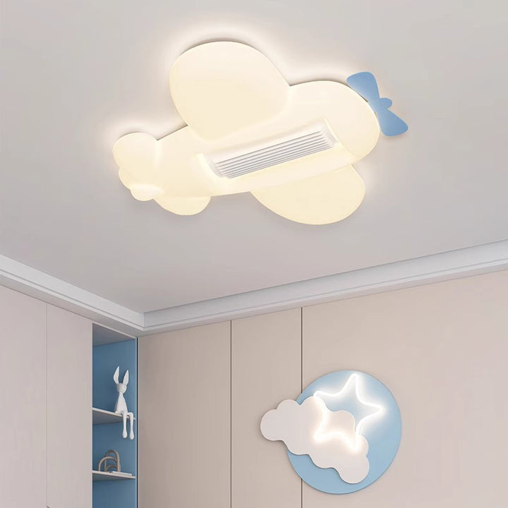 Lustre ventilateur sans pales invisible pour chambre d'enfant avec avion créatif contemporain, nuage, PE, LED, montage affleurant 