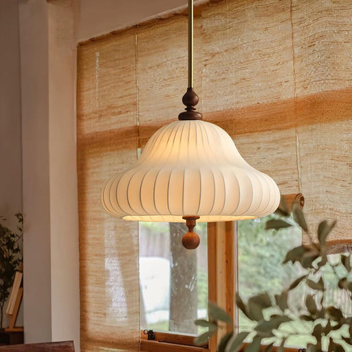 Traditional Vintage Imitation Silk Round Shade Ash Wood 1-Light Pendant Light For Living Room