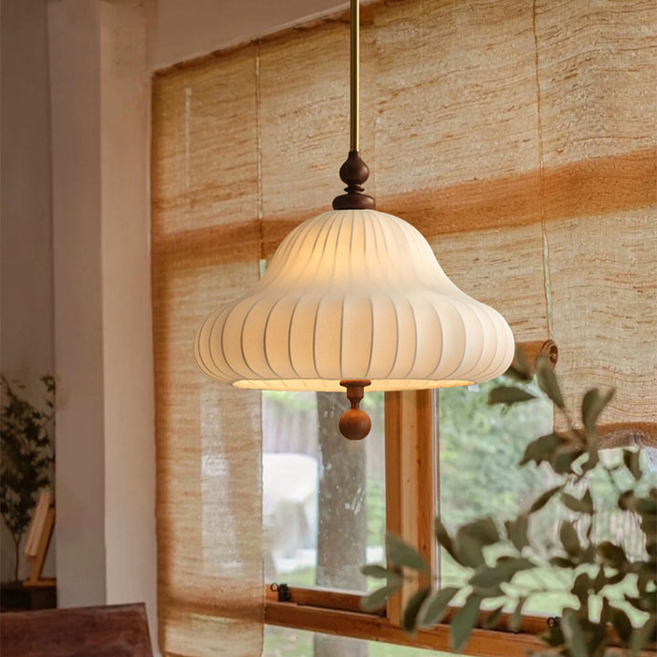 Traditional Vintage Imitation Silk Round Shade Ash Wood 1-Light Pendant Light For Living Room