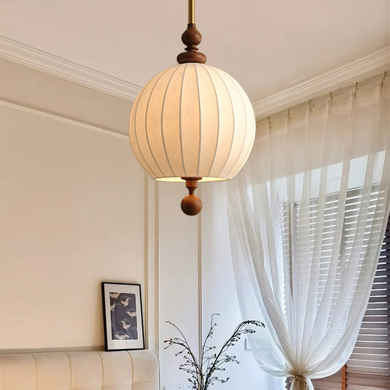 Traditional Japanese Spherical Fabric Shade Ash Wood 1-Light Pendant Light For Living Room