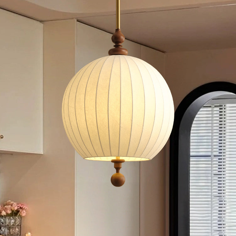 Traditional Japanese Spherical Fabric Shade Ash Wood 1-Light Pendant Light For Living Room