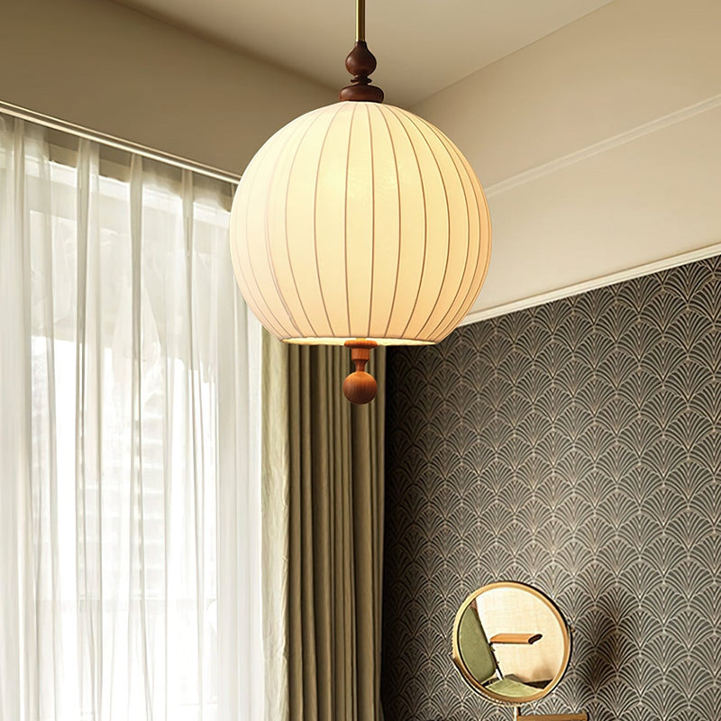 Traditional Japanese Spherical Fabric Shade Ash Wood 1-Light Pendant Light For Living Room
