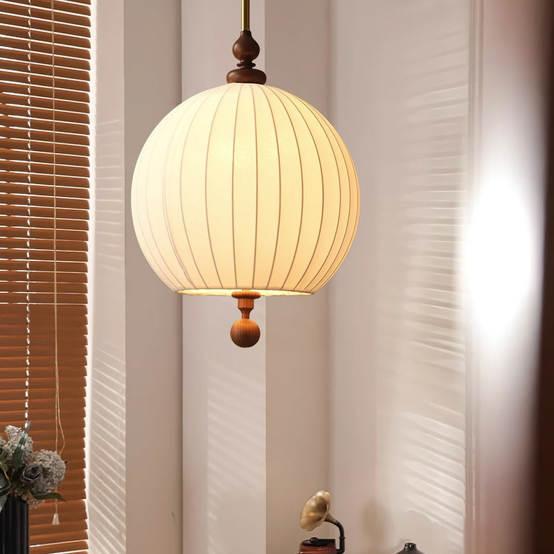 Traditional Japanese Spherical Fabric Shade Ash Wood 1-Light Pendant Light For Living Room
