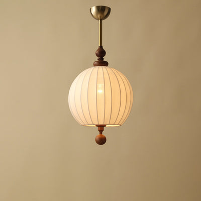 Traditional Japanese Spherical Fabric Shade Ash Wood 1-Light Pendant Light For Living Room