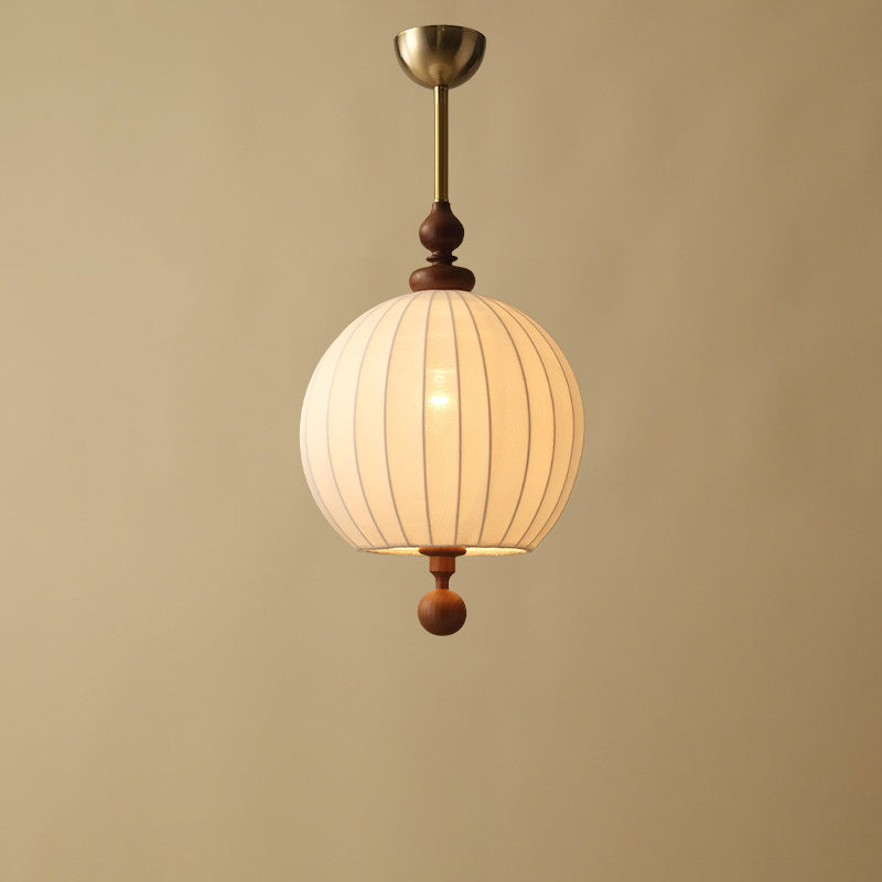 Traditional Japanese Spherical Fabric Shade Ash Wood 1-Light Pendant Light For Living Room