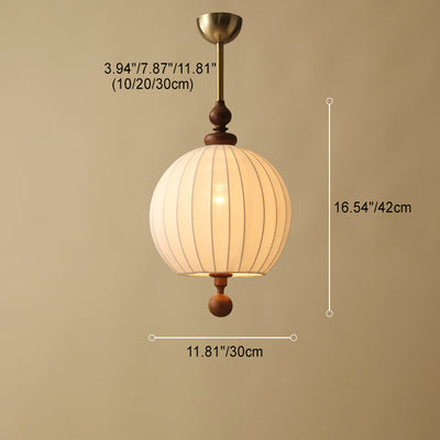 Traditional Japanese Spherical Fabric Shade Ash Wood 1-Light Pendant Light For Living Room