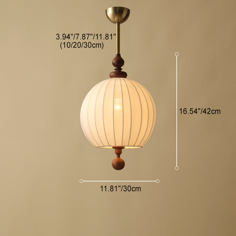 Traditional Japanese Spherical Fabric Shade Ash Wood 1-Light Pendant Light For Living Room