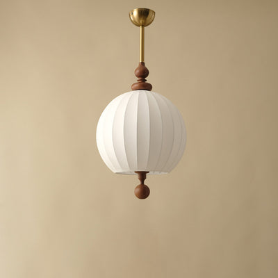Traditional Japanese Spherical Fabric Shade Ash Wood 1-Light Pendant Light For Living Room