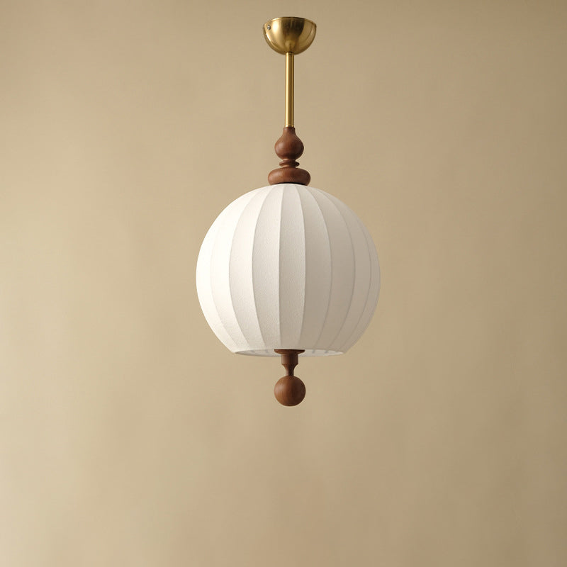 Traditional Japanese Spherical Fabric Shade Ash Wood 1-Light Pendant Light For Living Room