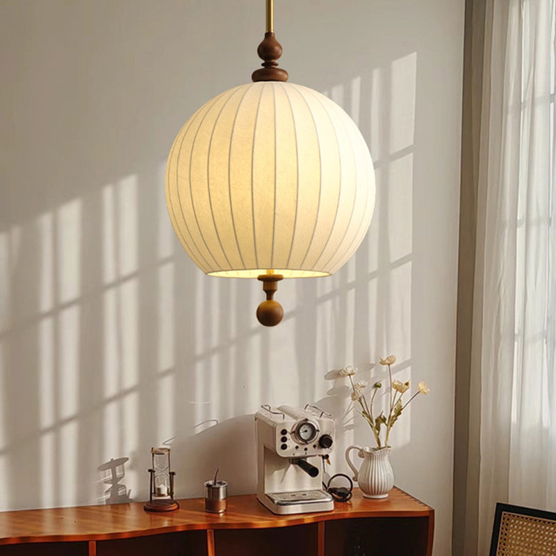 Traditional Japanese Spherical Fabric Shade Ash Wood 1-Light Pendant Light For Living Room