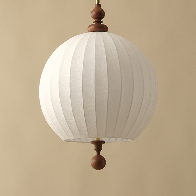 Traditional Japanese Spherical Fabric Shade Ash Wood 1-Light Pendant Light For Living Room