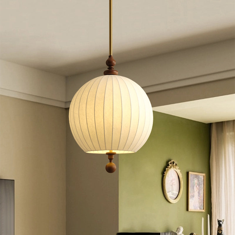 Traditional Japanese Spherical Fabric Shade Ash Wood 1-Light Pendant Light For Living Room