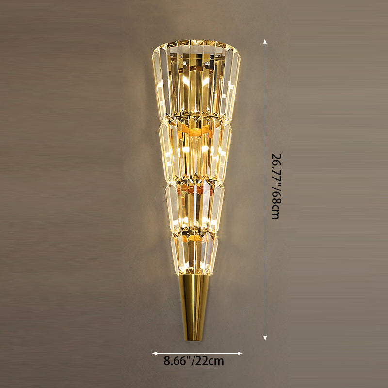 Applique murale moderne de luxe en acier inoxydable avec abat-jour conique en cristal empilé 3/5/7 lumières pour chambre 