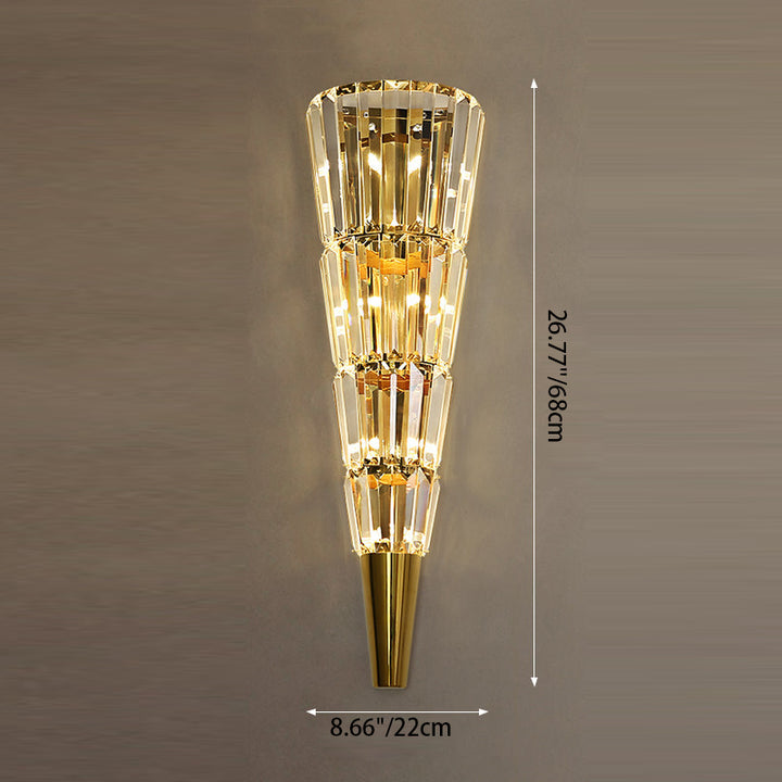Applique murale moderne de luxe en acier inoxydable avec abat-jour conique en cristal empilé 3/5/7 lumières pour chambre 