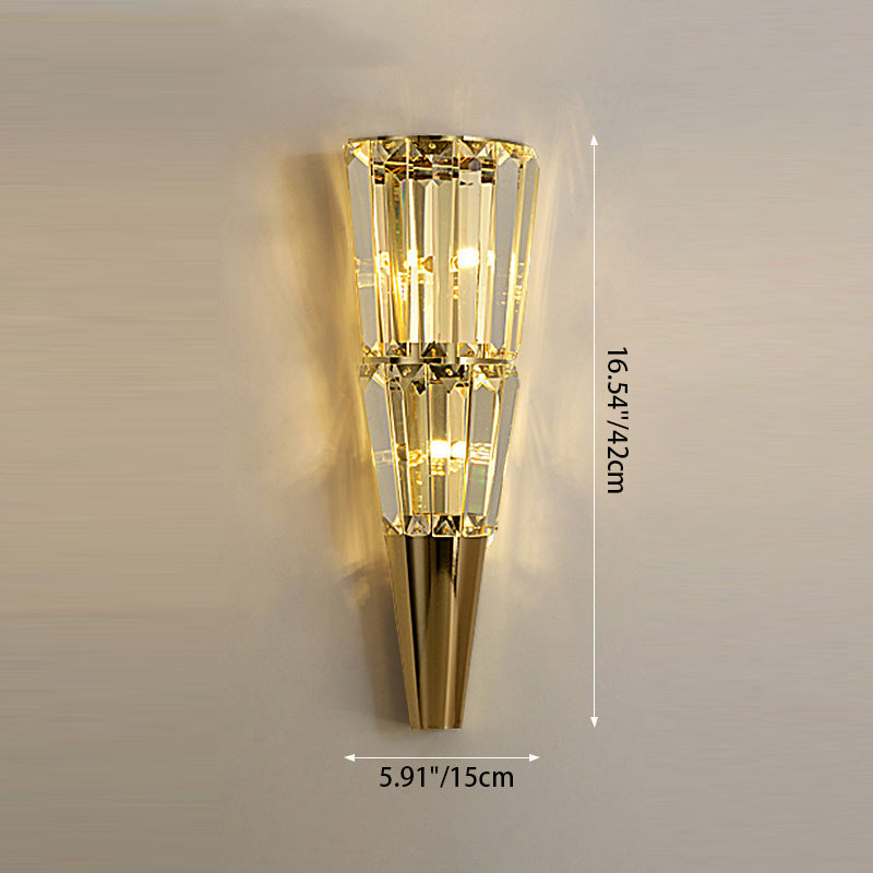 Applique murale moderne de luxe en acier inoxydable avec abat-jour conique en cristal empilé 3/5/7 lumières pour chambre 