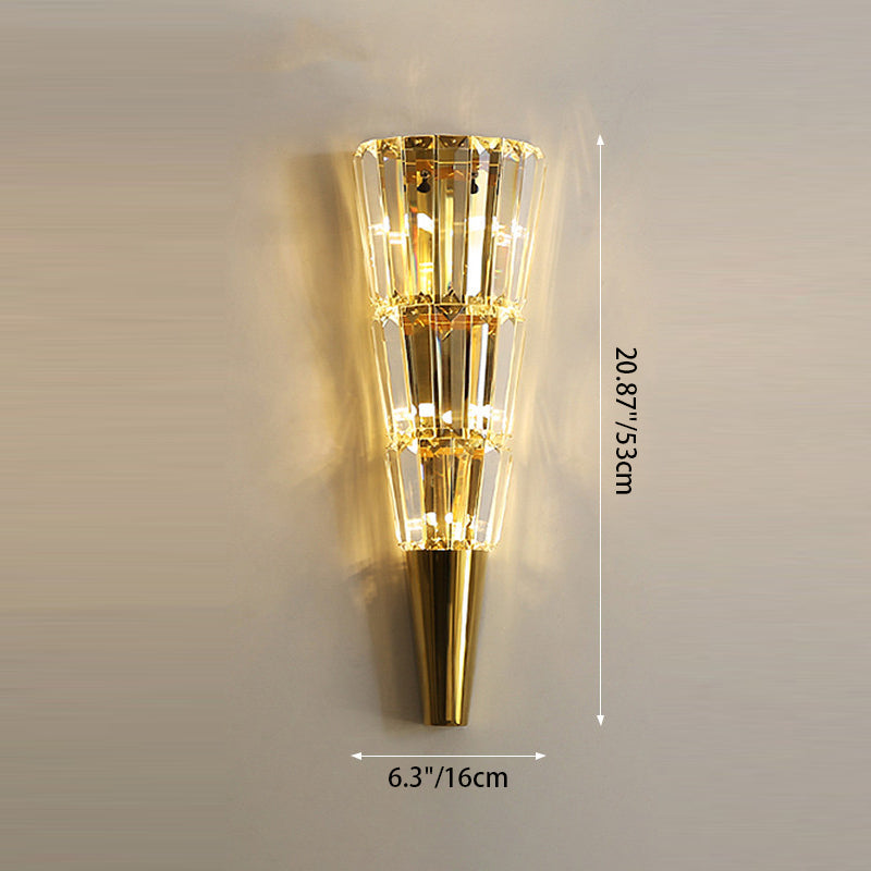 Applique murale moderne de luxe en acier inoxydable avec abat-jour conique en cristal empilé 3/5/7 lumières pour chambre 