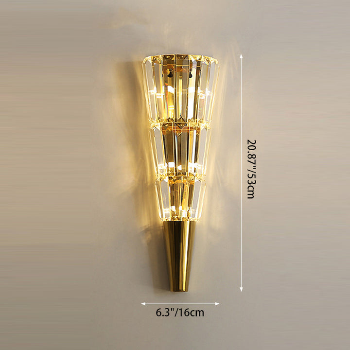 Applique murale moderne de luxe en acier inoxydable avec abat-jour conique en cristal empilé 3/5/7 lumières pour chambre 