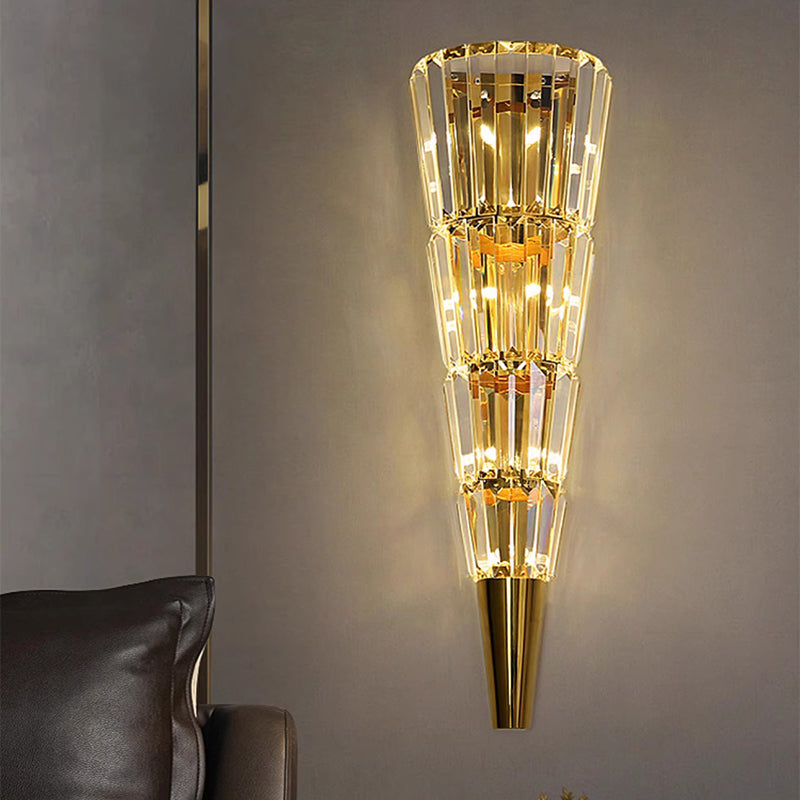Applique murale moderne de luxe en acier inoxydable avec abat-jour conique en cristal empilé 3/5/7 lumières pour chambre 