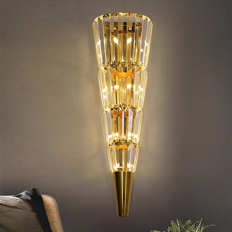 Applique murale moderne de luxe en acier inoxydable avec abat-jour conique en cristal empilé 3/5/7 lumières pour chambre 