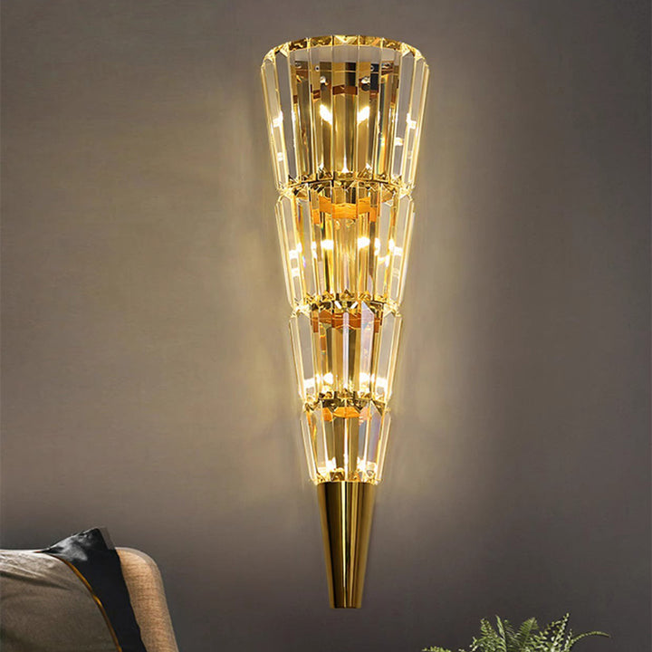 Applique murale moderne de luxe en acier inoxydable avec abat-jour conique en cristal empilé 3/5/7 lumières pour chambre 