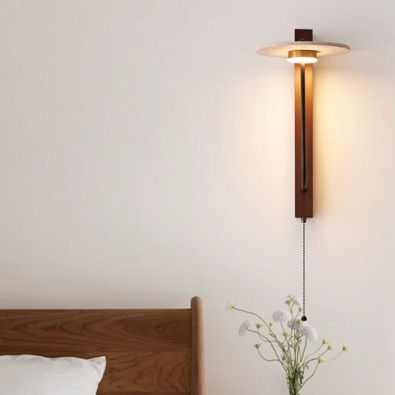 Traditional Vintage Solid Wood Column Travertine Round Shade LED Wall Sconce Lamp For Living Room