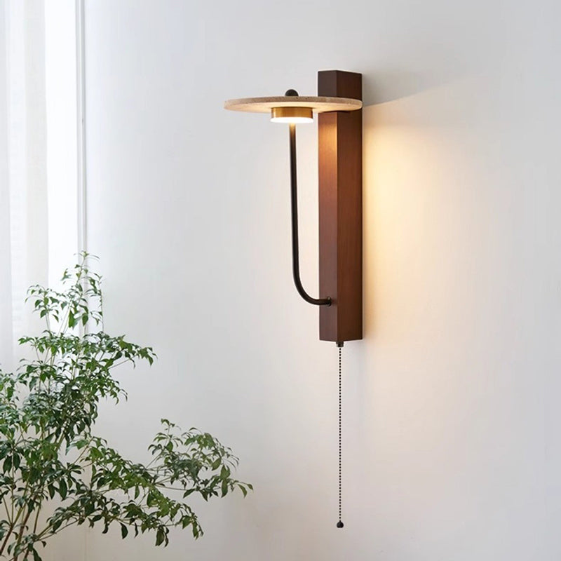 Traditional Vintage Solid Wood Column Travertine Round Shade LED Wall Sconce Lamp For Living Room