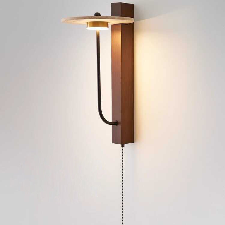 Traditional Vintage Solid Wood Column Travertine Round Shade LED Wall Sconce Lamp For Living Room