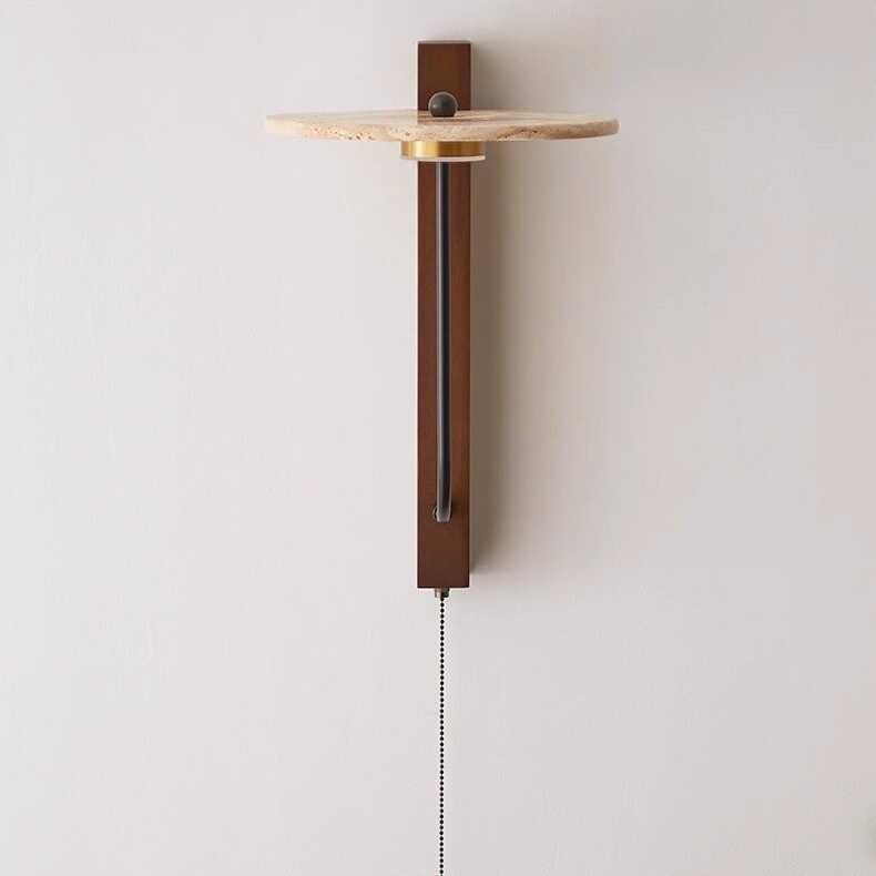 Traditional Vintage Solid Wood Column Travertine Round Shade LED Wall Sconce Lamp For Living Room