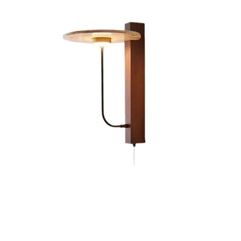 Traditional Vintage Solid Wood Column Travertine Round Shade LED Wall Sconce Lamp For Living Room