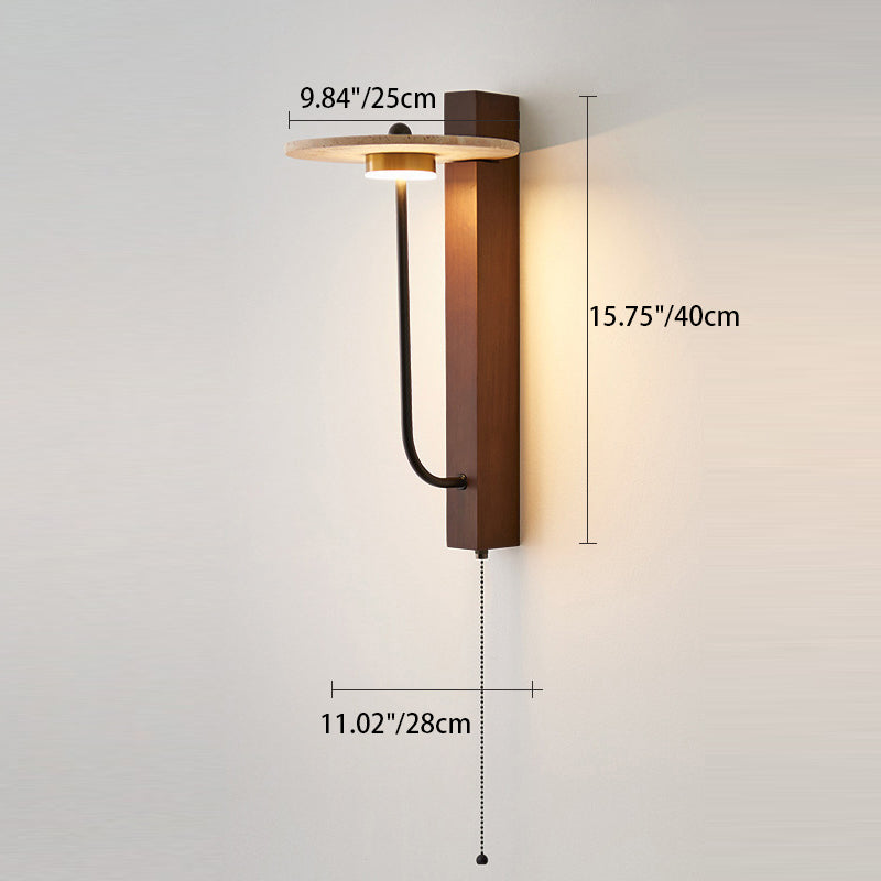 Traditional Vintage Solid Wood Column Travertine Round Shade LED Wall Sconce Lamp For Living Room