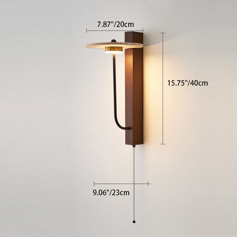 Traditional Vintage Solid Wood Column Travertine Round Shade LED Wall Sconce Lamp For Living Room